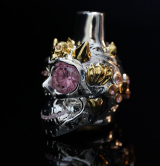 Cigarette Holder- Silver-pink diamond Double Horned Skull